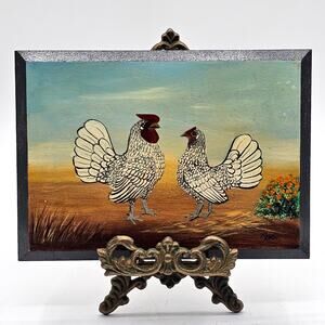 Hand-Painted White Rooster & Chicken Farmhouse Wall Art - 5x7 Wood Artist Signed